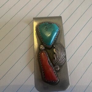 F CHEAMA.Vintage Zuni Silver Money Clip with Turquoise and Coral Stones